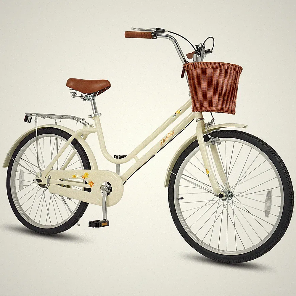 24-Inch Beach Cruiser Bike,w/Adjustable Seat, Woven Basket & Rear Rack,Beige.