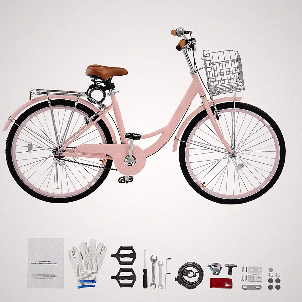 26" Beach Cruiser Bike 1-Speed City Bicycle with Basket for Women Ladies Pink