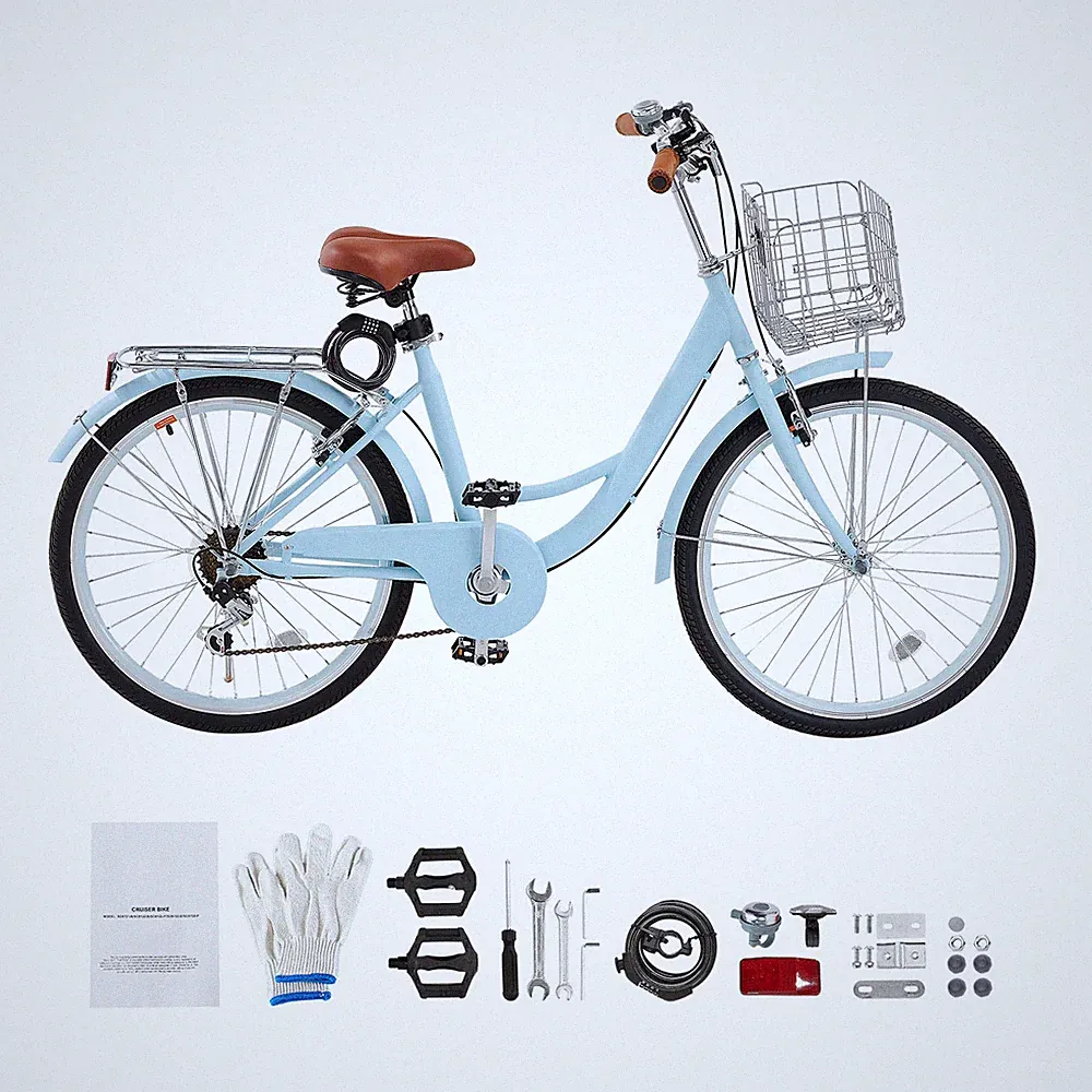 7-Speed Beach Cruiser Bike 26" City Bicycle w/Basket for Women Ladies Light Blue