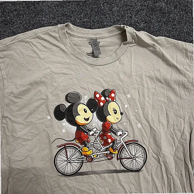 Disney T-Shirt Mens Size L Tan Mickey Minnie Mouse Tandem Bicycle Graphic Tee