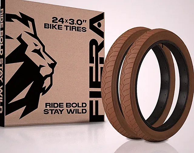 FIERA 24x3 Fat Bicycle Tire Set, Brown Semi-Slick Bicycle Tires, Levers, 2 Pack
