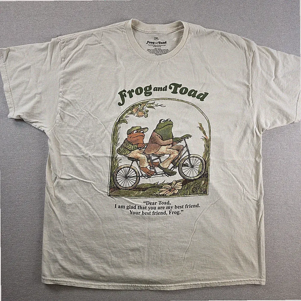 Frog and Toad Tandem Bicycle Graphic T-Shirt Mens 2XL Beige Cream Cotton Retro