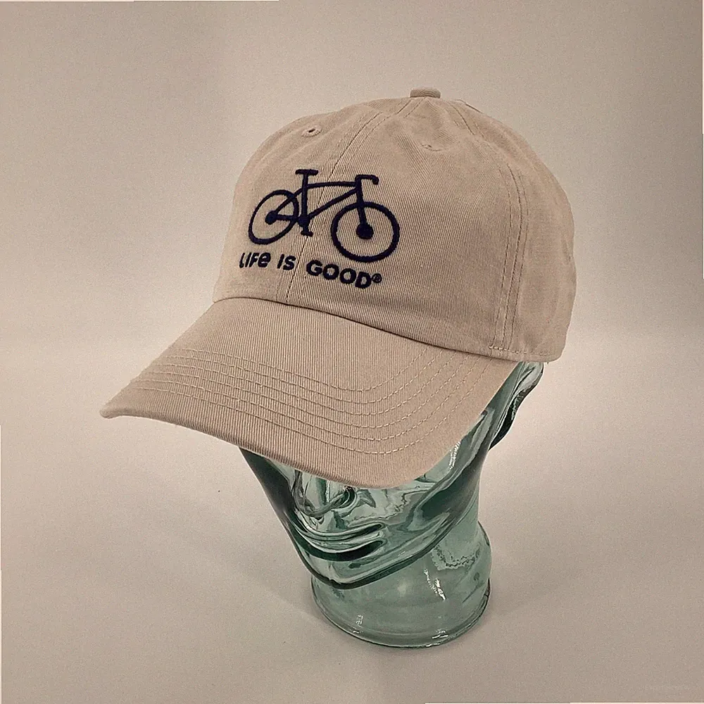 Life Is Good Adult Adjustable Size Baseball Cap Hat Beige Black Bicycle New 260