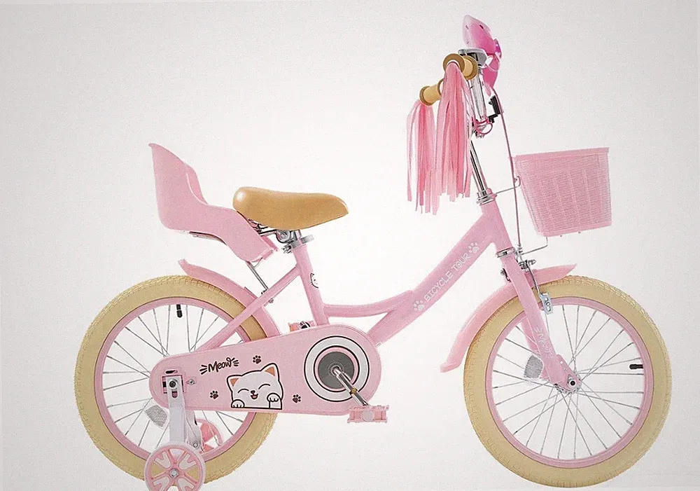 Meow Pink & Beige Kids Bike 16in Medium Frame Basket Training Wheels Streamers