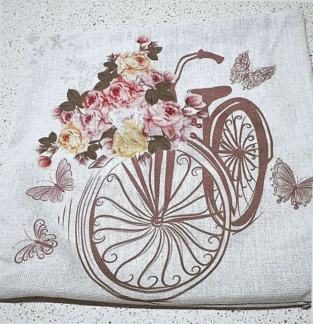 Pillow Cover Beige Floral Bicycle Zippered 16 x 16 inches Pre-own