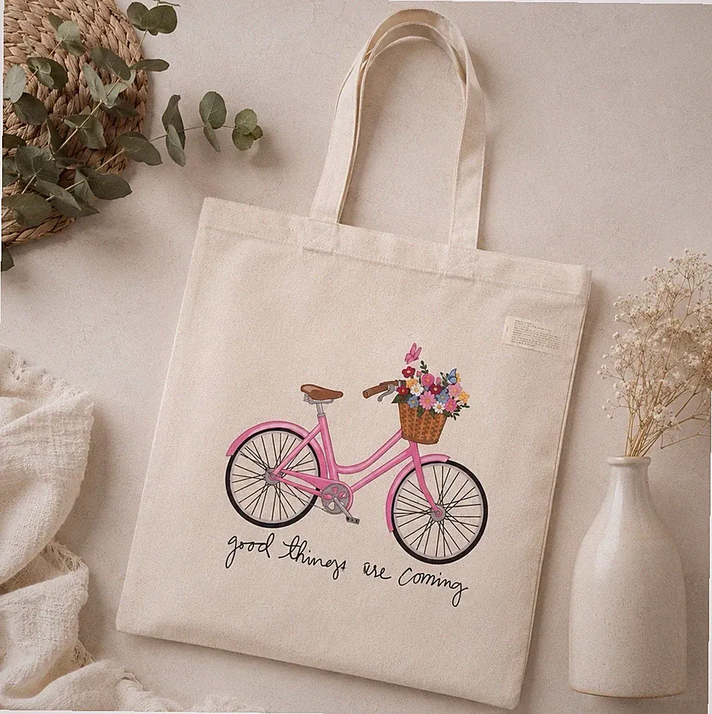Reusable Cotton Tote Bag Beige Bicycle & Flowers “Good Things Are Coming”