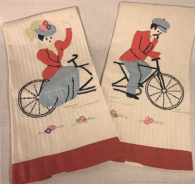 Tandem Bicycle Tea Kitchen Towels Embroidered Victorian Style Fabric Cycling