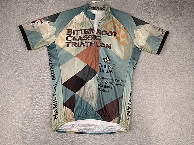 Terry Cycling Jersey Adult Large Blue Beige Bitterroot 1/4 Zip Pockets