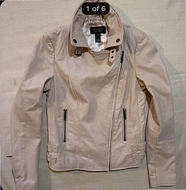 Victoria's Secret Women's Beige Leather Biker Moto Jacket Zip Pockets XS