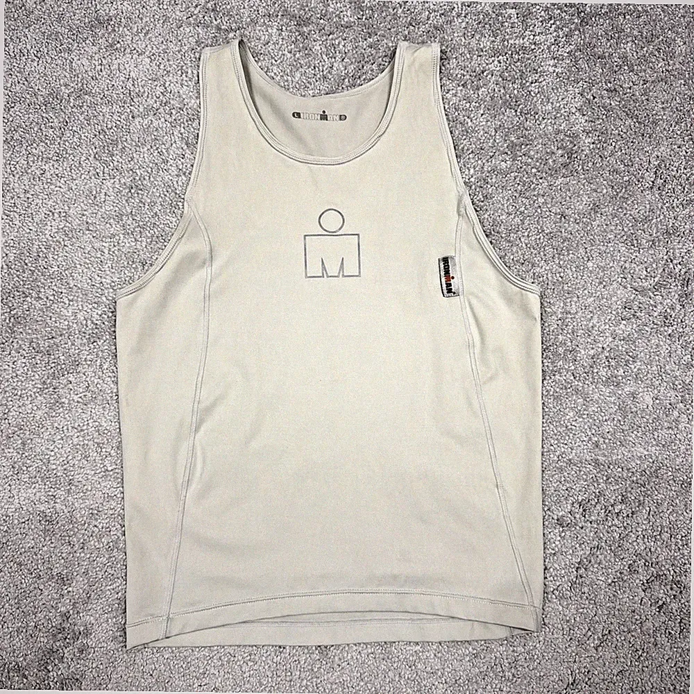 Vintage Ironman Triathlon Men's Large Race Sleeveless Jersey Back Pockets Beige